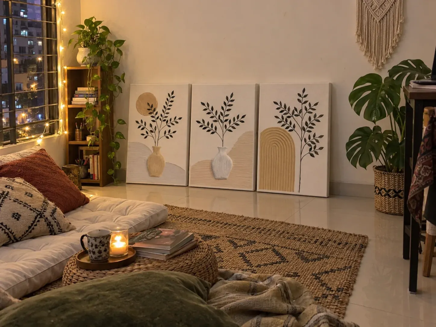SleekyOne Arunima 3-piece botanical texture art in a cosy boho living room