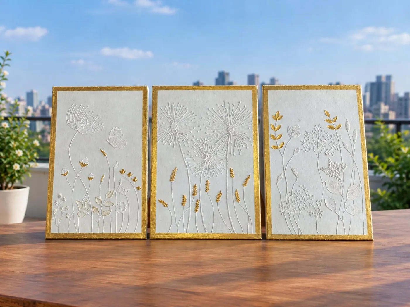 Enlarged detail of three white botanical relief panels with gold foliage and gold coloured borders